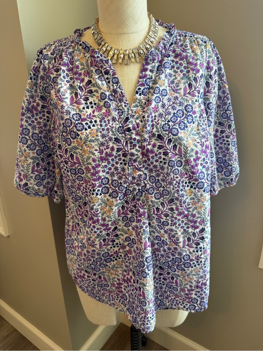 Talbots Purple and White Floral          V-Neck Blouse